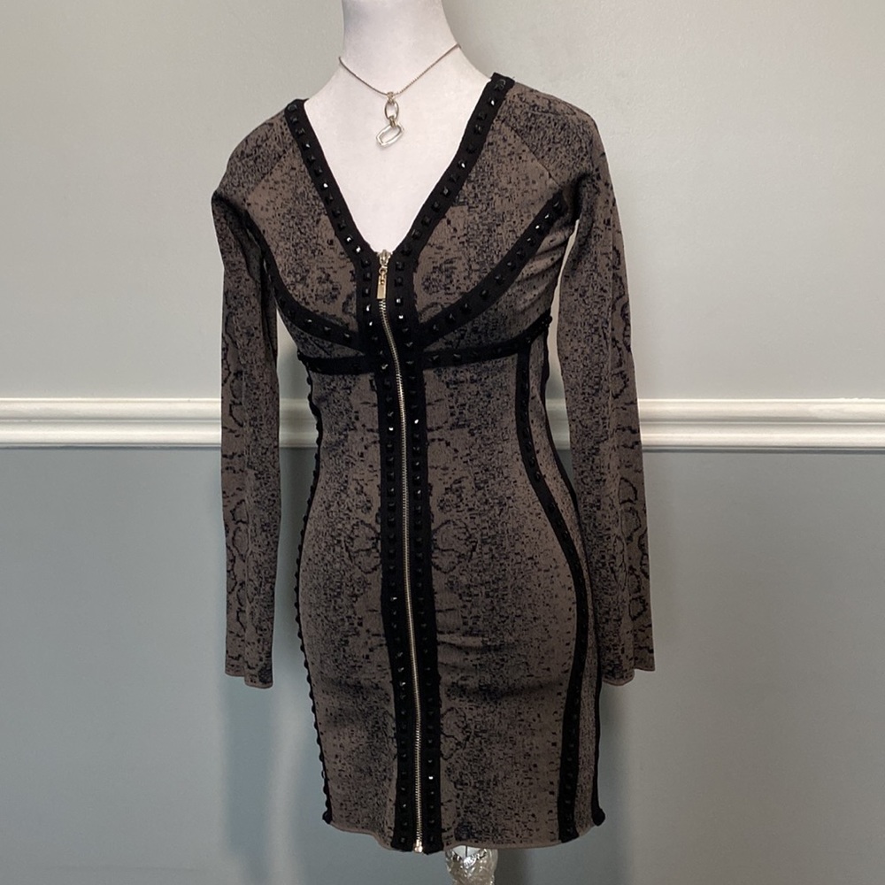 Woman Bead Applique Bodycon Dress, Snake Skin Print, Long Sleeve, XS , Pre Owned